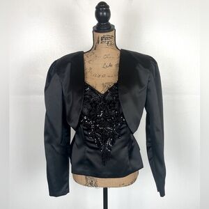New Leaf Satin 80s 90s Sequin Bolero Jacket Top Set 12 Black Whimsy Rock R&B Pop